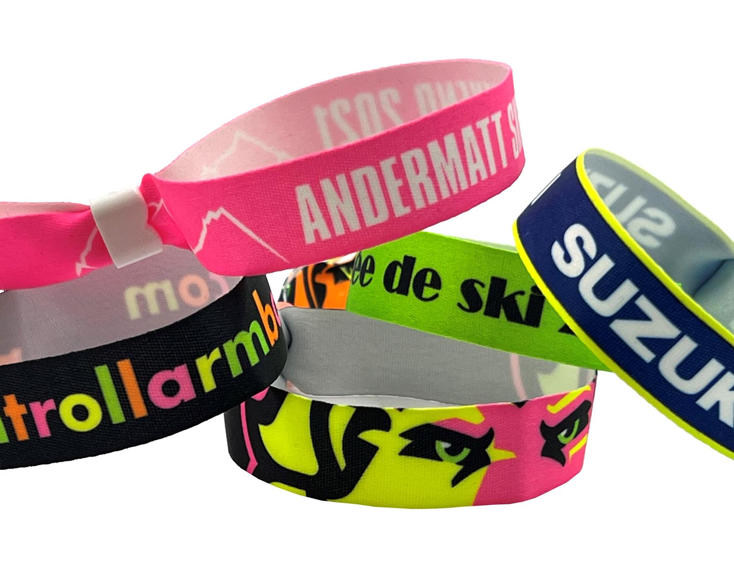 Stoffarmbänder in Neon Farben mit Bedruckung